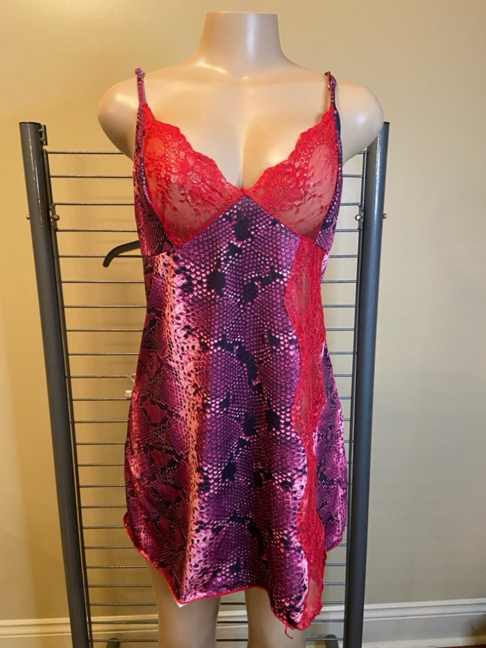 Lace-Trim Satin Chemise in Red & Purple